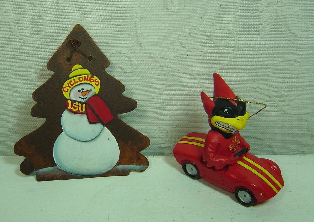 2 IOWA STATE CYCLONES ORNAMENTS-RUSTIC METAL TREE & MASCOT CY THE CARDINAL